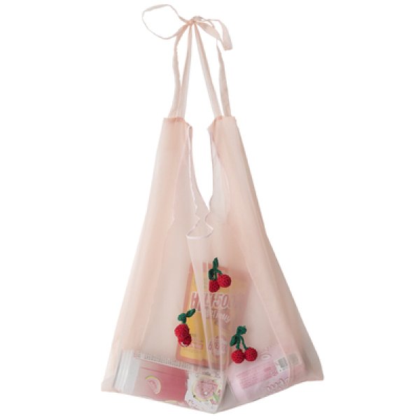 画像1: Hyun A flowers thin transparent fairy bag  eco bag shopping bag　ストロベリーアップリケ付きショルダーエコバッグトート バック (1)
