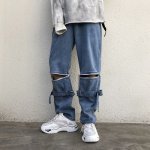 画像3: Men's detachable ribbon wide-leg loose straight-leg pants  メンズ 男女兼用取り外し可リボンワイドレッグルーズストレートレッグパンツウォッシュドオールドデニムパンツ (3)