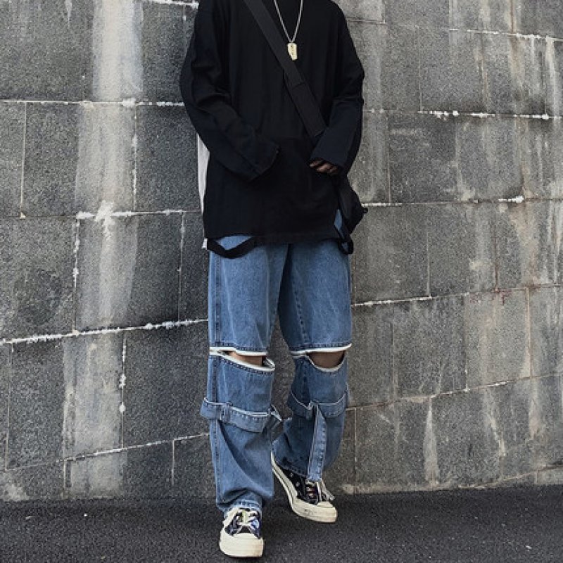 画像5: Men's detachable ribbon wide-leg loose straight-leg pants  メンズ 男女兼用取り外し可リボンワイドレッグルーズストレートレッグパンツウォッシュドオールドデニムパンツ (5)