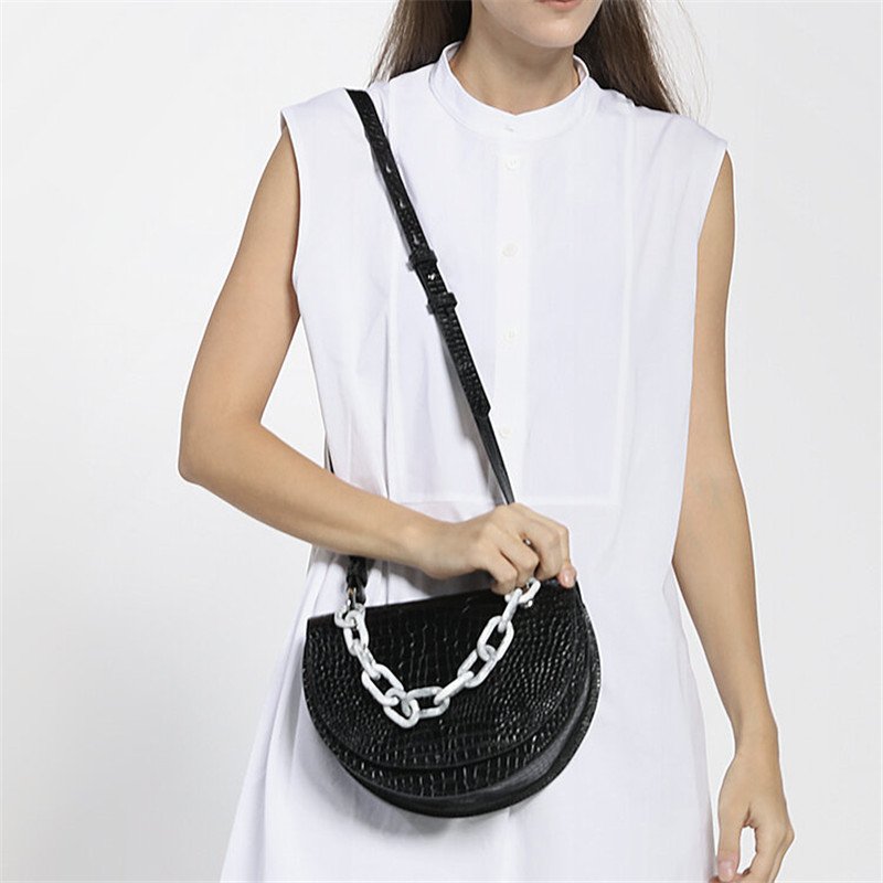 画像6: chain portable diagonal saddle  messenger shoulder  tote  bag クロコ柄サドルチェーントートショルダーハンドバッグ 　 (6)