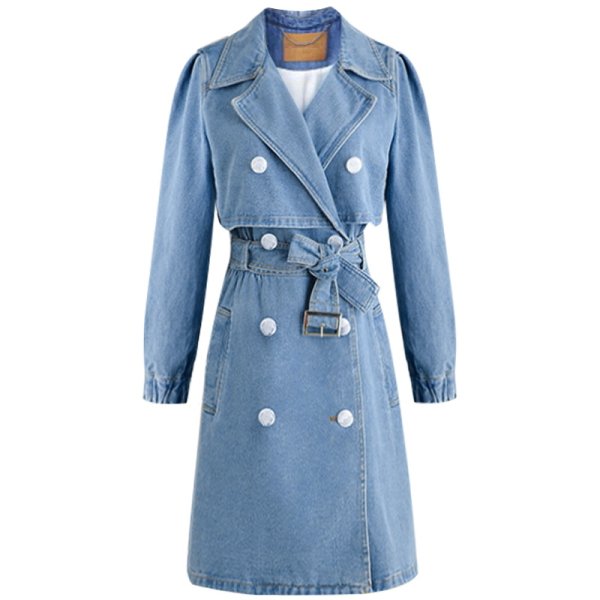 画像1: light blue denim  trench coat long coat  windbreaker jacket ライトブルーのデニムトレンチコートロングコート (1)