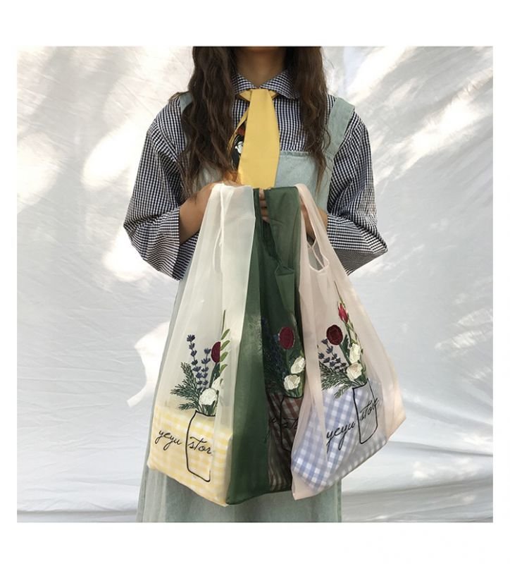 画像12: rganza embroidery fairy bag  eco bag shopping bag　オーガンジーフラワー刺繍付きショルダーエコ トート ショッピング バック (12)