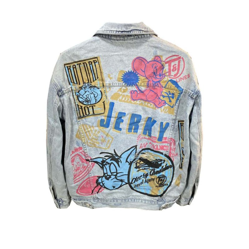 画像5: Tom & Jerry long-sleeved graffiti irregular printing loose  denim jacketmen and women loose denim jacket トム & ジェリー ペイント Gジャン オーバーサイズデニムジャケットユニセッ クス男女兼用コート (5)