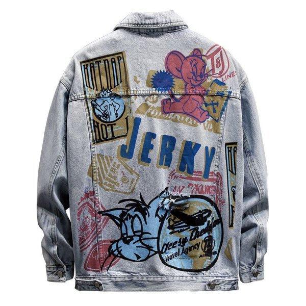 画像1: Tom & Jerry long-sleeved graffiti irregular printing loose  denim jacketmen and women loose denim jacket 　トム＆ジェリーペイントオーバーサイズデニムジャケットユニセッ クス男女兼用コート (1)