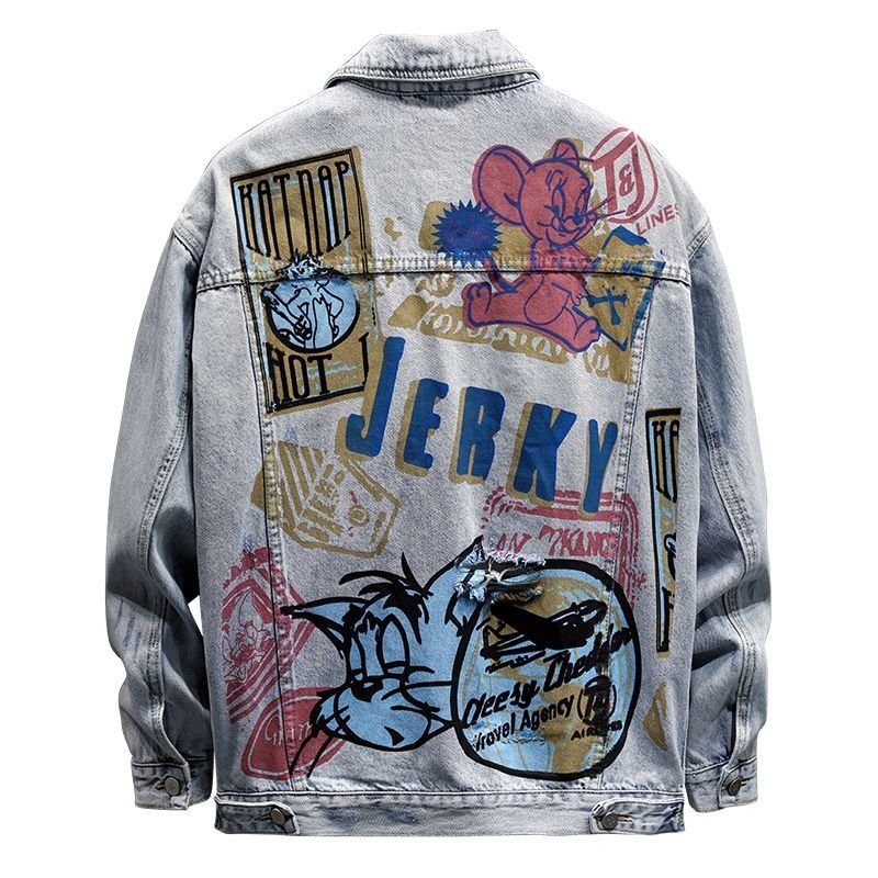 画像1: Tom & Jerry long-sleeved graffiti irregular printing loose  denim jacketmen and women loose denim jacket トム ＆ ジェリー ペイント Gジャン オーバーサイズデニムジャケットユニセッ クス男女兼用コート (1)