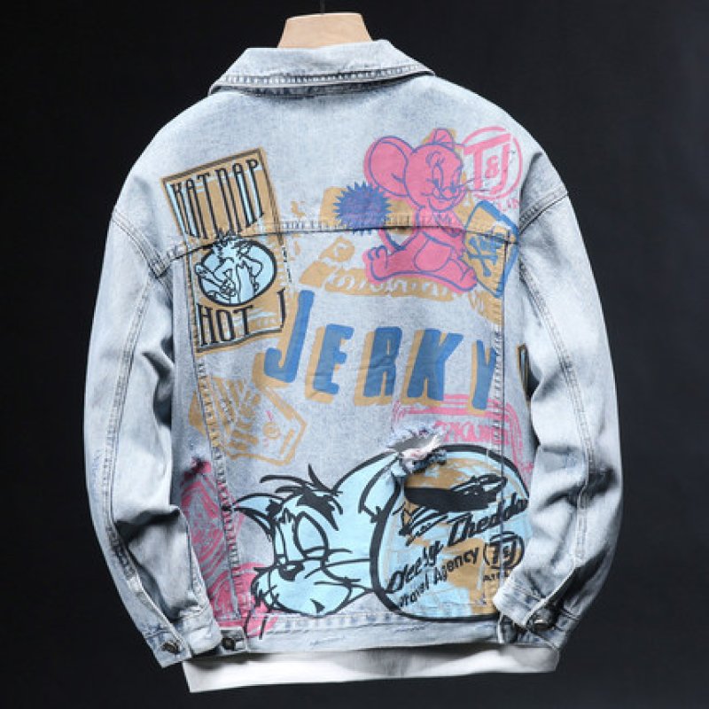 画像4: Tom & Jerry long-sleeved graffiti irregular printing loose  denim jacketmen and women loose denim jacket トム & ジェリー ペイント Gジャン オーバーサイズデニムジャケットユニセッ クス男女兼用コート (4)