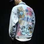 画像2: Tom & Jerry long-sleeved graffiti irregular printing loose  denim jacketmen and women loose denim jacket トム ＆ ジェリー ペイント Gジャン オーバーサイズデニムジャケットユニセッ クス男女兼用コート (2)