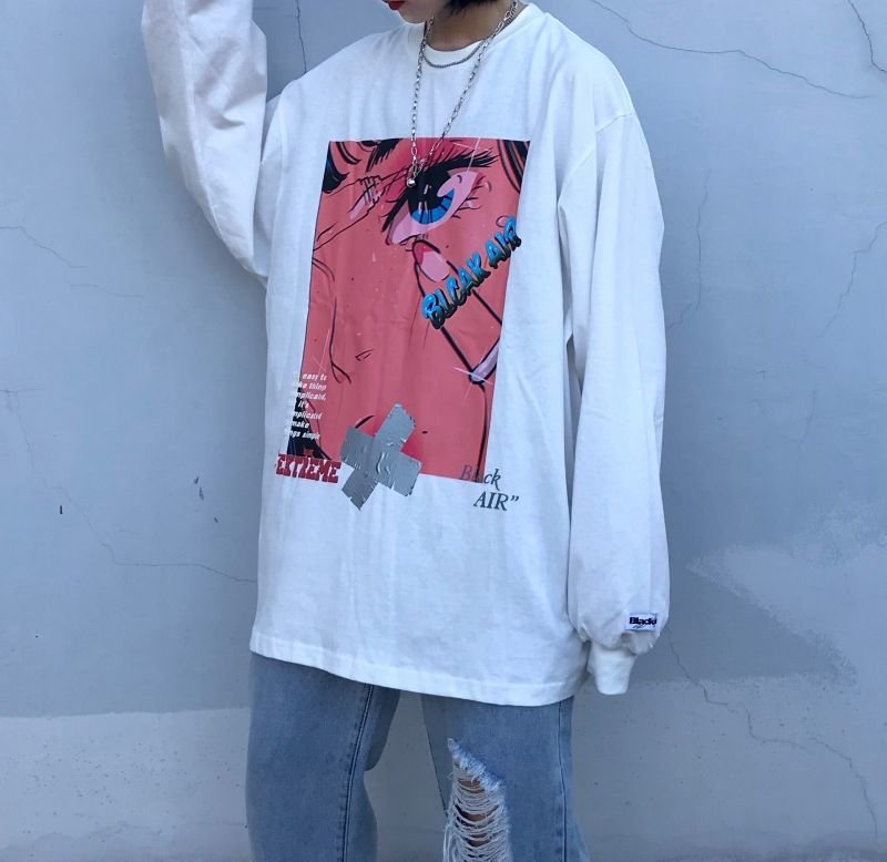 画像2: Men's Unisex two-dimensional long-sleeved T-shirt loose oversize pullover sweater   ユニセックス 男女兼用blcakalrオーバーサイズ長袖Tシャツ (2)