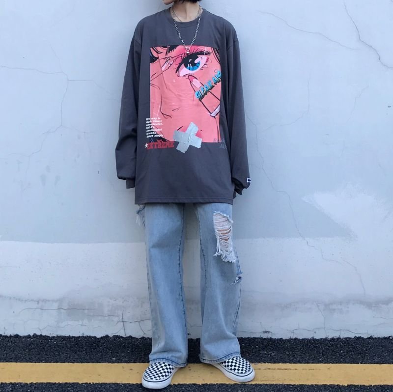 画像3: Men's Unisex two-dimensional long-sleeved T-shirt loose oversize pullover sweater   ユニセックス 男女兼用blcakalrオーバーサイズ長袖Tシャツ (3)