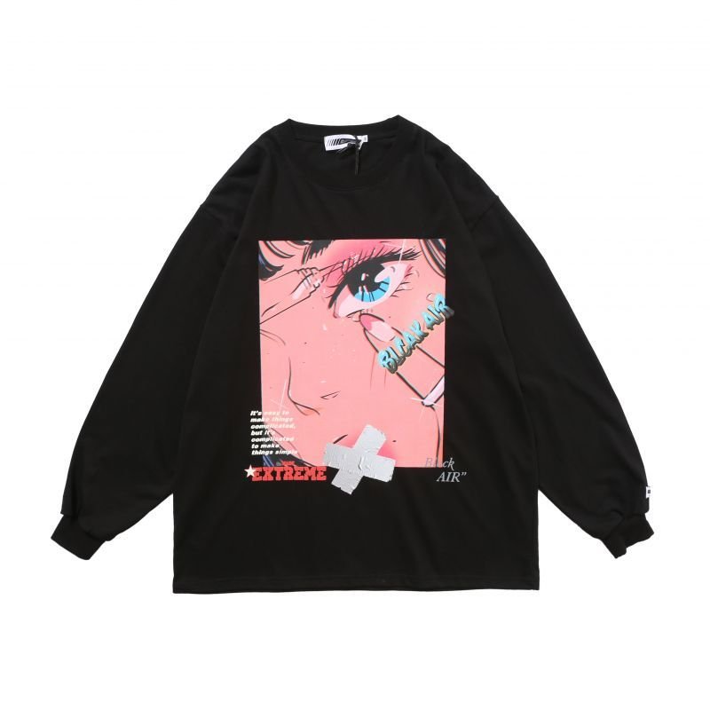 画像1: Men's Unisex two-dimensional long-sleeved T-shirt loose oversize pullover sweater   ユニセックス 男女兼用blcakalrオーバーサイズ長袖Tシャツ (1)