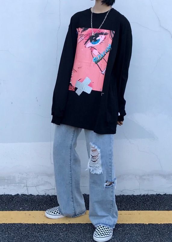 画像5: Men's Unisex two-dimensional long-sleeved T-shirt loose oversize pullover sweater   ユニセックス 男女兼用blcakalrオーバーサイズ長袖Tシャツ (5)