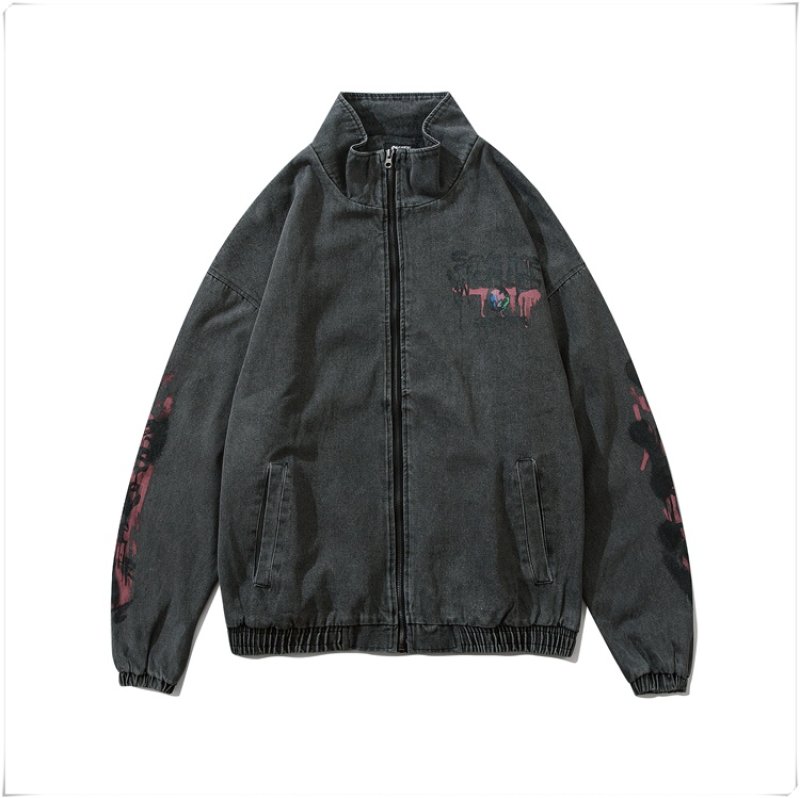 画像4:  graffiti irregular printing loose  denim jacket men and women loose denim jacket  トム&ジェリーペイントオーバーサイズデニムジップアップジャケットユニセッ クス男女兼用コート (4)
