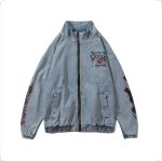 画像6:  graffiti irregular printing loose  denim jacket men and women loose denim jacket 　トム＆ジェリーペイントオーバーサイズデニムジップアップジャケットユニセッ クス男女兼用コート (6)
