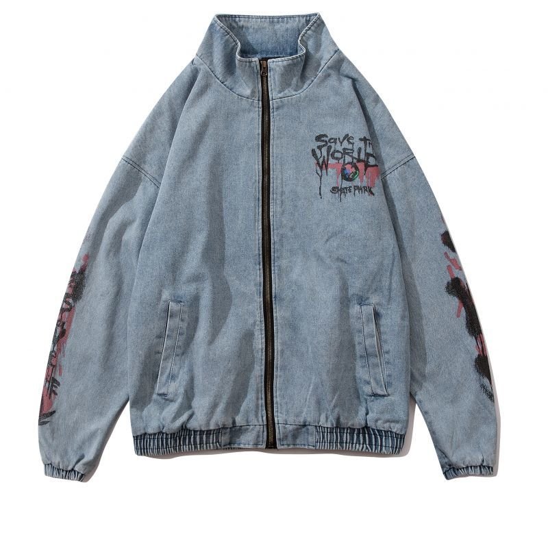 画像3:  graffiti irregular printing loose  denim jacket men and women loose denim jacket  トム&ジェリーペイントオーバーサイズデニムジップアップジャケットユニセッ クス男女兼用コート (3)