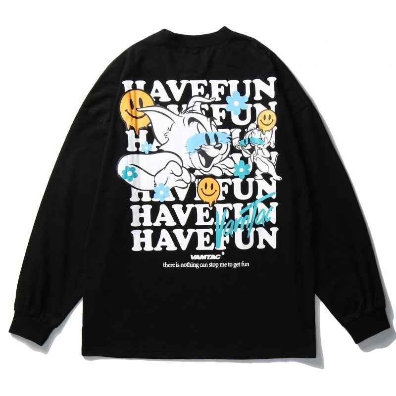 画像1: Men's Unisex letter Tom & Jerry printing long-sleeved T-shirt loose oversize pullover sweater   ユニセックス 男女兼用レタートム＆ジェリーオーバーサイズ長袖Tシャツ (1)