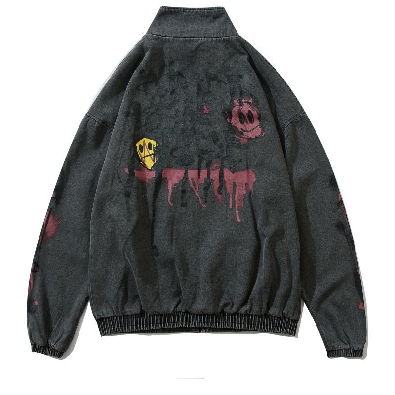 画像2:  graffiti irregular printing loose  denim jacket men and women loose denim jacket  トム&ジェリーペイントオーバーサイズデニムジップアップジャケットユニセッ クス男女兼用コート (2)