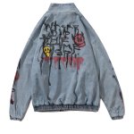 画像1:  graffiti irregular printing loose  denim jacket men and women loose denim jacket 　トム＆ジェリーペイントオーバーサイズデニムジップアップジャケットユニセッ クス男女兼用コート (1)