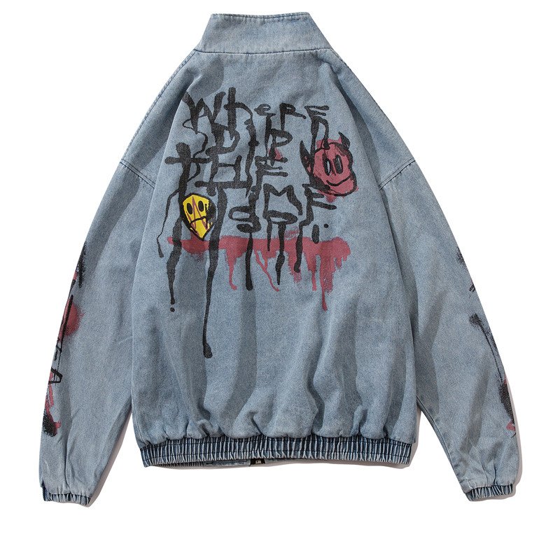 画像1:  graffiti irregular printing loose  denim jacket men and women loose denim jacket 　トム＆ジェリーペイントオーバーサイズデニムジップアップジャケットユニセッ クス男女兼用コート (1)