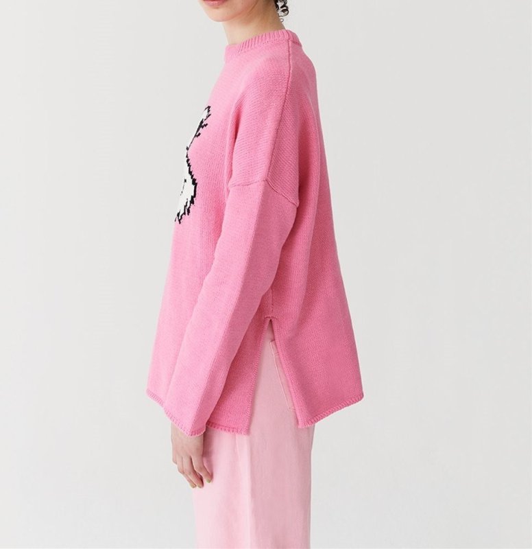 画像2: Women's cute pink rabbit head round neck loose sweater knit  ピンクラビット編み込み裾スリットプルオーバーラウンドネックルーズセーターニット (2)