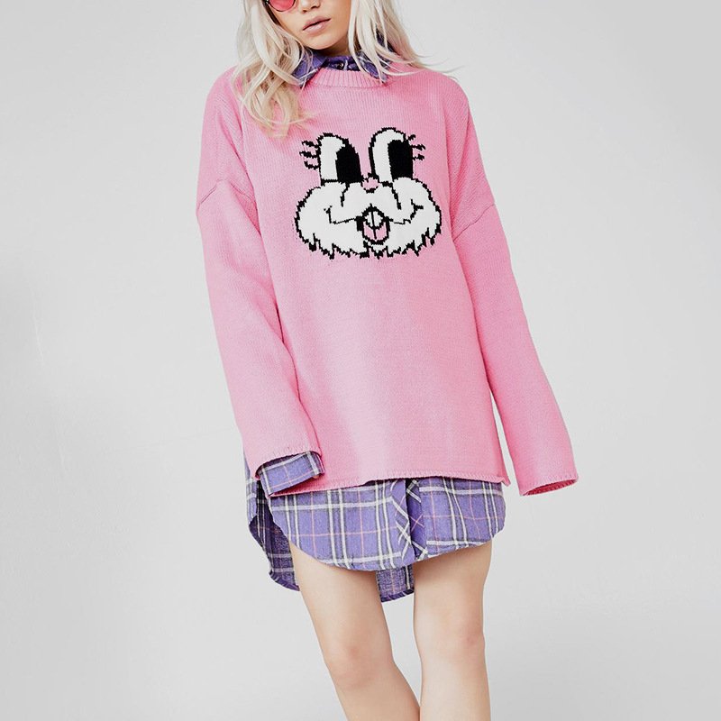 画像3: Women's cute pink rabbit head round neck loose sweater knit  ピンクラビット編み込み裾スリットプルオーバーラウンドネックルーズセーターニット (3)