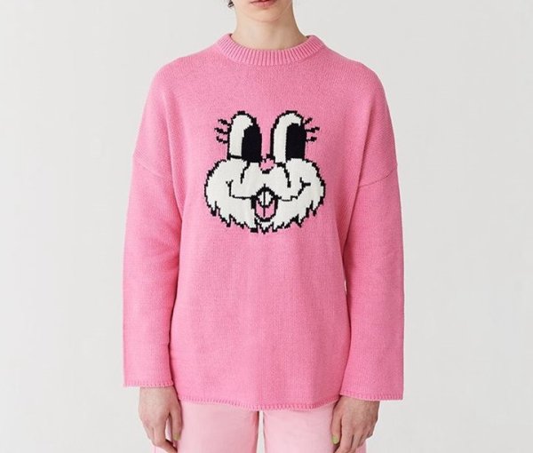 画像1: Women's cute pink rabbit head round neck loose sweater knit  ピンクラビット編み込み裾スリットプルオーバーラウンドネックルーズセーターニット (1)