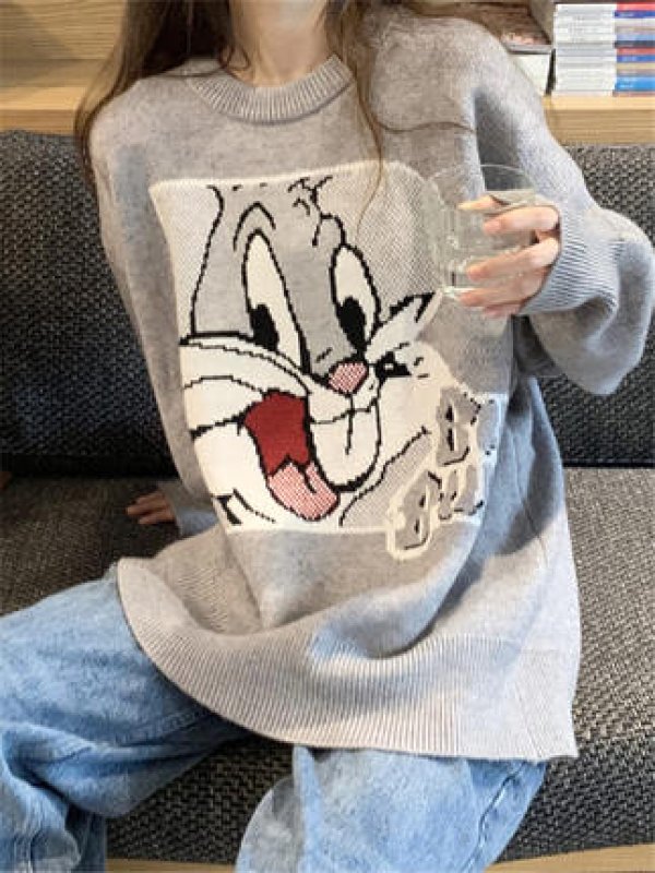 画像7: Women's Bugs Bunny braid pullover sweater round neck loose sweater knit バックスバニー編み込みプルオーバーセーター セーターニット (7)