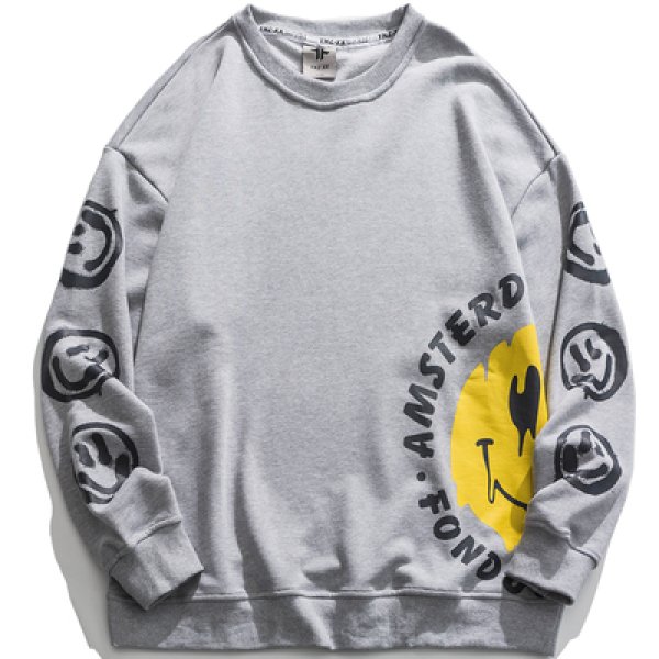 画像1: Smile Face Printing Sweater Men's Loose Casual Wild Round Neck Pullover Jacketプルオーバージャケット オーバーサイズ ユニセックス 男女兼用スマイルトレーナ (1)