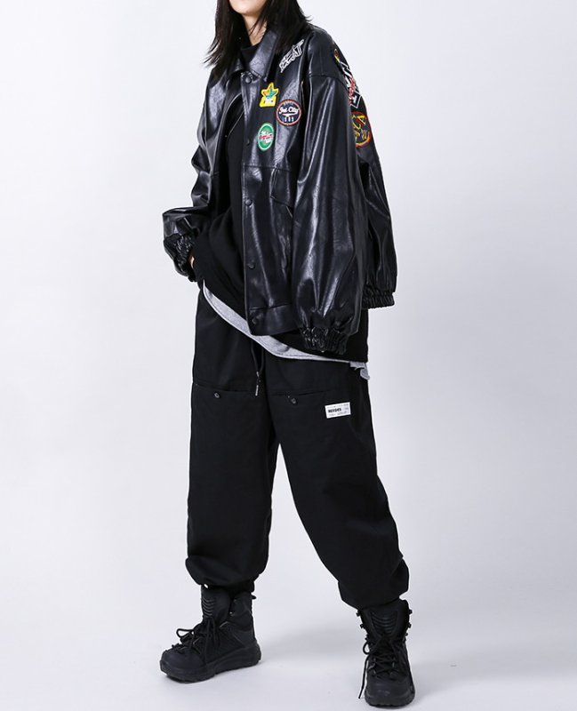 画像3:  Men's  embroidery label shoulder elastic cuff jacket men and women メンズ ユニセックス 男女兼用レザーエンブレム 刺繍　ブルゾン　ジャケット (3)