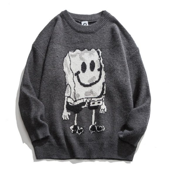 画像1:  men's and women's SpongeBob print casual crew neck sweater 　 オーバーサイズ ユニセックス 男女兼用スポンジボブプリントカジュアルクルーネックセーター (1)