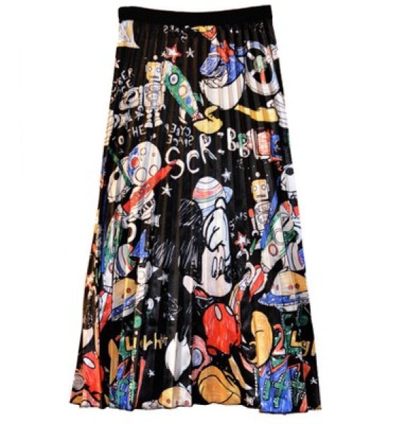 画像1: New Women's Mickey comic cartoon printed pleated skirt ミッキー グラフィックペイント ロング丈 膝丈プリーツスカート (1)