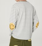画像6: arm smiley print retro style striped long-sleeved t-shirt Round Neck Pullover  アームスマイリープリントストライプ長袖Tシャツプルオーバー オーバーサイズ ユニセックス 男女兼用 (6)
