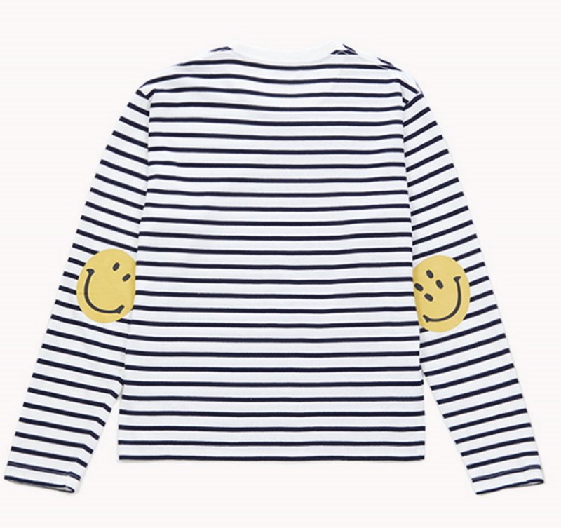画像1: arm smiley print retro style striped long-sleeved t-shirt Round Neck Pullover  アームスマイリープリントストライプ長袖Tシャツプルオーバー オーバーサイズ ユニセックス 男女兼用 (1)