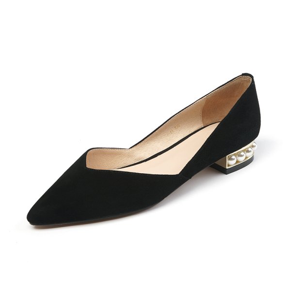 画像1: women's new wild pearl shallow mouth low heel flat shoes pump 　フラットパールヒールパンプスパンプス　  (1)