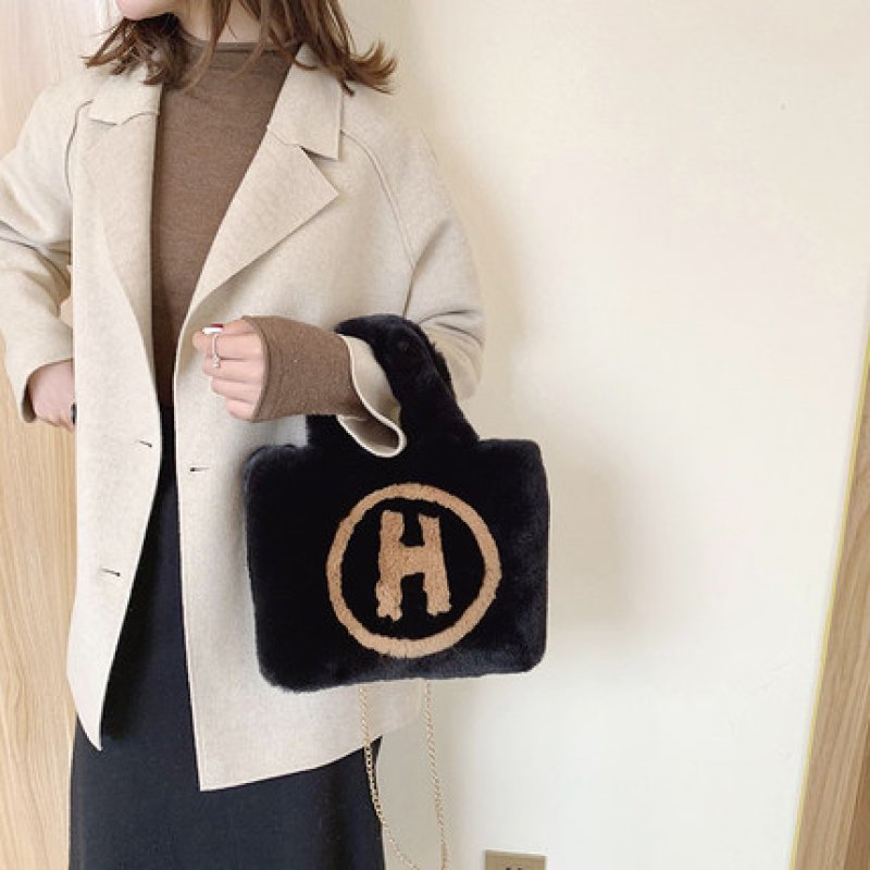 画像10: Woman’s imitation Rex rabbit fur  H handbag  Hロゴ Hマークファートートショルダーバッグ (10)