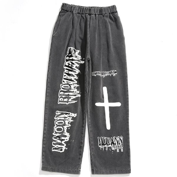 画像1: Men's hand-painted graffiti ins letters religious cross men and women loose casual jeans　ユニセックスパンツ男女兼用グラフィティインスレタージーンズ (1)