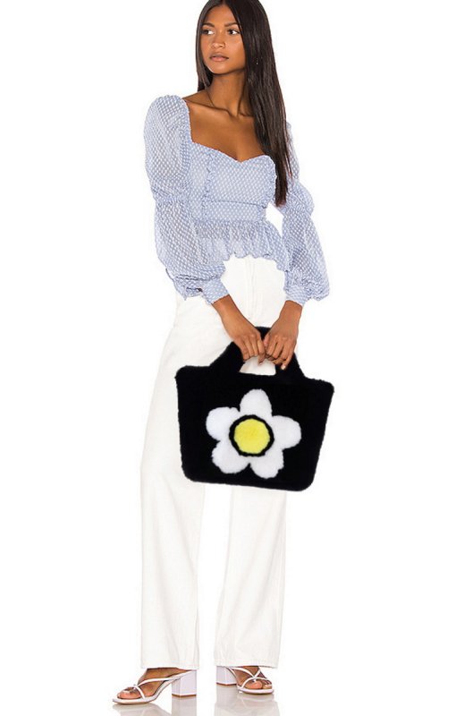 画像16: Woman’s imitation Rex rabbit fur Flower & butterfly & lip pattern tote shoulder handbag   フラワー&バタフライ&リップ柄ファートートショルダーバッグ (16)