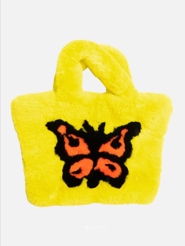 画像3: Woman’s imitation Rex rabbit fur Flower & butterfly & lip pattern tote shoulder handbag   フラワー&バタフライ&リップ柄ファートートショルダーバッグ (3)