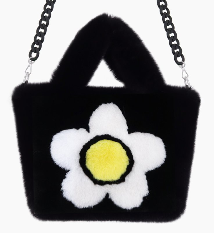 画像12: Woman’s imitation Rex rabbit fur Flower & butterfly & lip pattern tote shoulder handbag   フラワー&バタフライ&リップ柄ファートートショルダーバッグ (12)