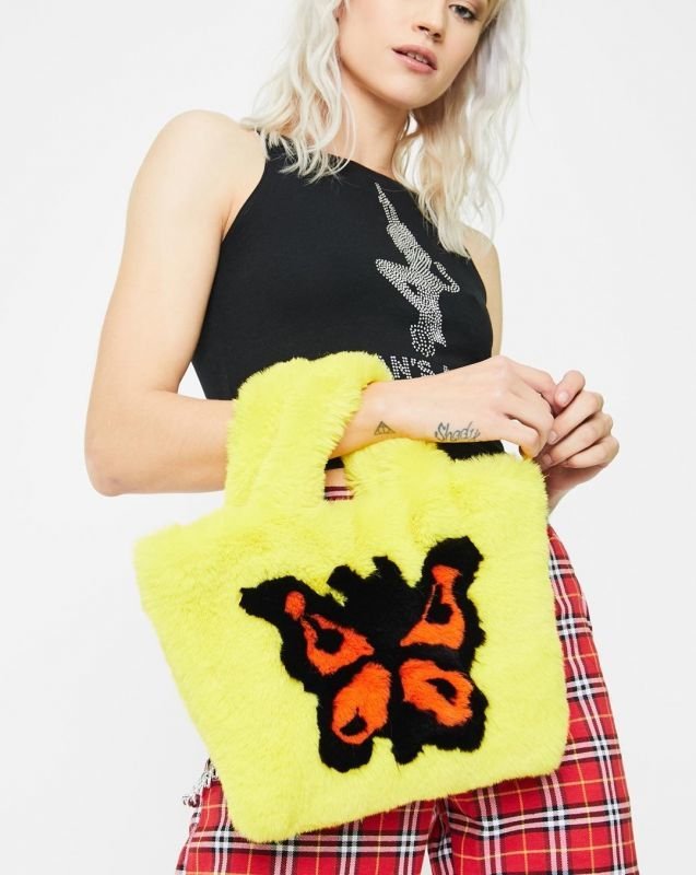 画像8: Woman’s imitation Rex rabbit fur Flower & butterfly & lip pattern tote shoulder handbag   フラワー&バタフライ&リップ柄ファートートショルダーバッグ (8)
