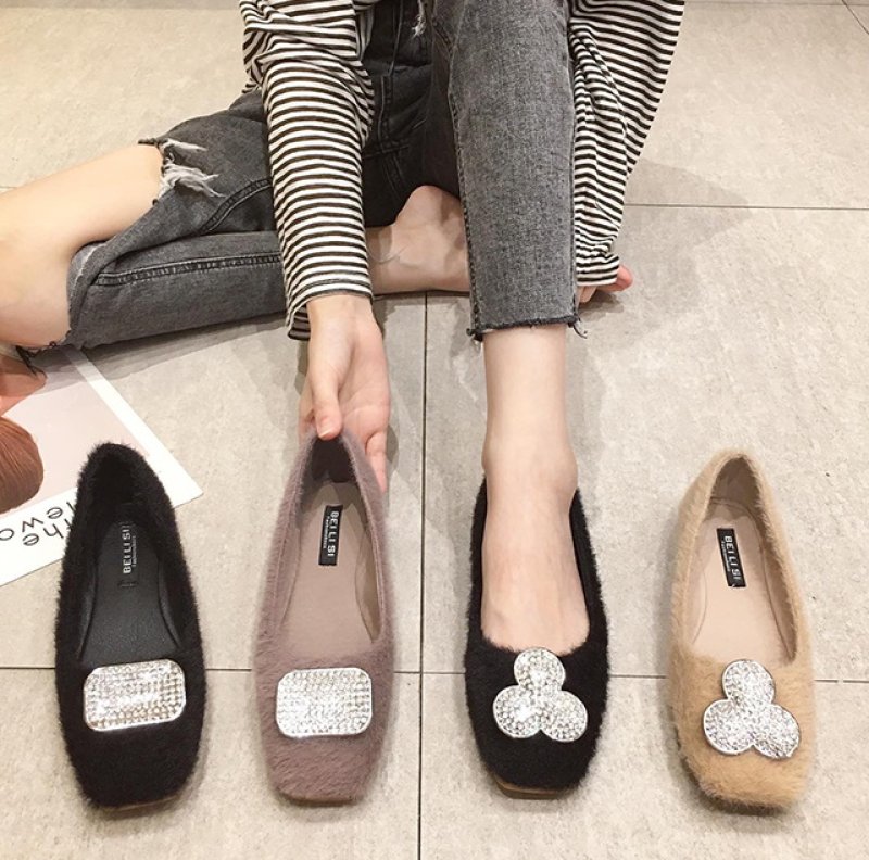 画像3: women'sRhinestone buckle fluffy fur flat pumps　フラットラインストーンバックルもこもこファーフラットパンプス (3)