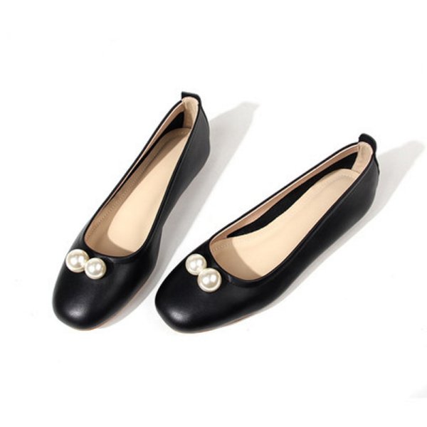 画像1: women's Square toe shallow mouth pearl  flat pumps shoes　パール付きフラットパンプス (1)