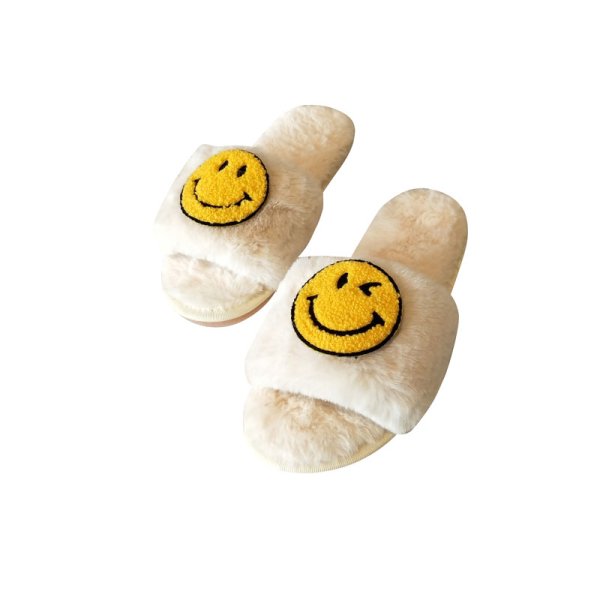 画像1: Women smiley face plush soft bottom flip flops flat  sandals  slippers フラットスマイルもこもこファーサンダル スリッパ (1)