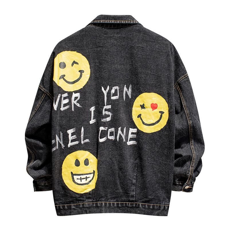 画像1: graffiti smiley face denim jacket  Blouson  　デニムスマイルフェイスGジャン ジャケット ブルゾン 男女兼用 (1)