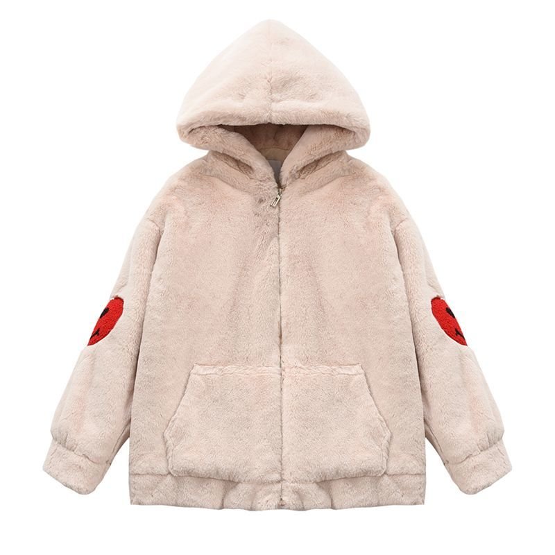 画像1: Faux fur hoody with smile 　スマイル付きフェイクファーフーディ　パーカー (1)