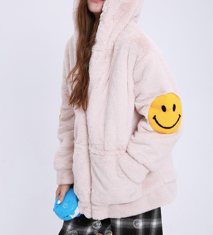 画像6: Faux fur hoody with smile  スマイル付きフェイクファーフーディ パーカー (6)