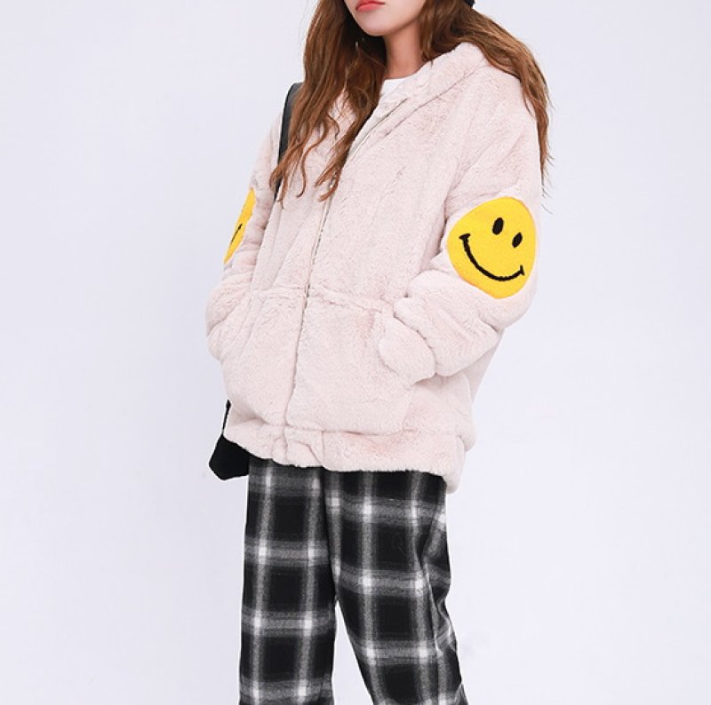 画像8: Faux fur hoody with smile  スマイル付きフェイクファーフーディ パーカー (8)