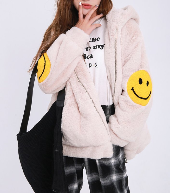 画像9: Faux fur hoody with smile  スマイル付きフェイクファーフーディ パーカー (9)