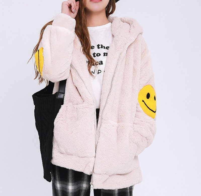 画像3: Faux fur hoody with smile  スマイル付きフェイクファーフーディ パーカー (3)