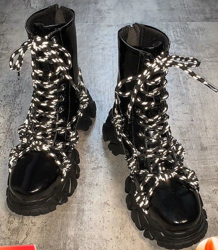 画像2:  women's  Lace-up chunky sole Middle boots   ミドル 丈チャンキーソールレースアップブーツレザーブーツ マーティンブーツ  (2)