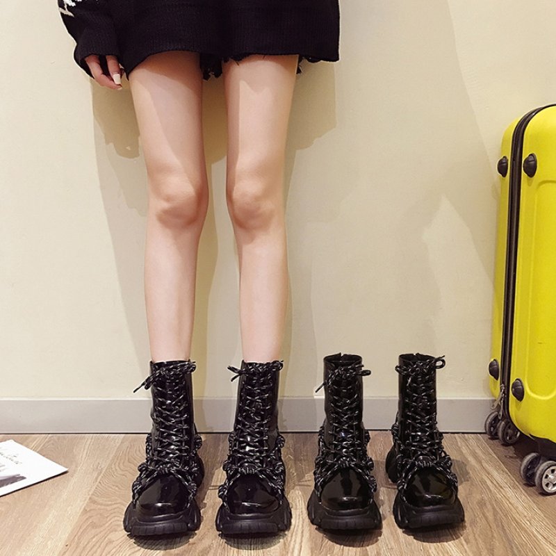 画像4:  women's  Lace-up chunky sole Middle boots   ミドル 丈チャンキーソールレースアップブーツレザーブーツ マーティンブーツ  (4)